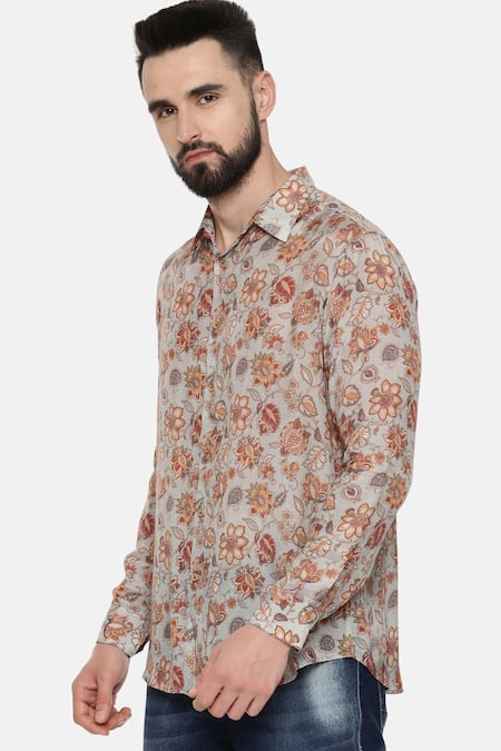 Buy_Mayank Modi - Men_Grey Fine Muslin Floral, Paisley Print Shirt_Online_at_Aza_Fashions