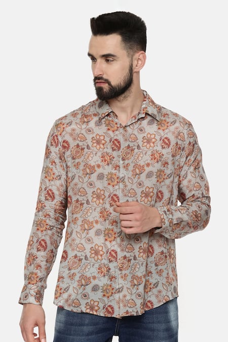 Shop_Mayank Modi - Men_Grey Fine Muslin Floral, Paisley Print Shirt_Online_at_Aza_Fashions