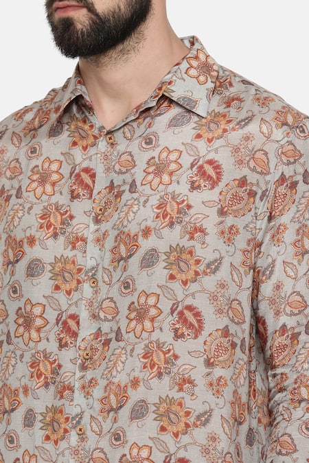 Mayank Modi - Men_Grey Fine Muslin Floral, Paisley Print Shirt_at_Aza_Fashions
