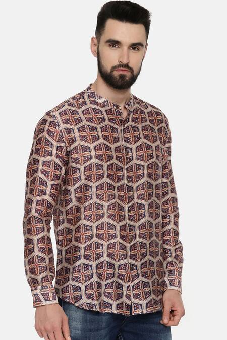 Mayank Modi - Men_Beige Linen Bemberg Geometric Print Shirt _Online_at_Aza_Fashions