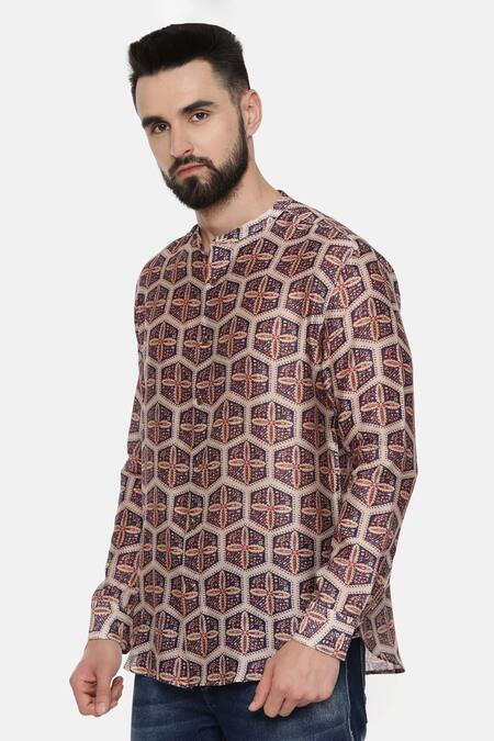 Buy_Mayank Modi - Men_Beige Linen Bemberg Geometric Print Shirt _Online_at_Aza_Fashions
