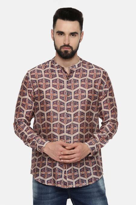 Shop_Mayank Modi - Men_Beige Linen Bemberg Geometric Print Shirt _Online_at_Aza_Fashions