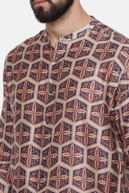 Mayank Modi - Men_Beige Linen Bemberg Geometric Print Shirt _at_Aza_Fashions