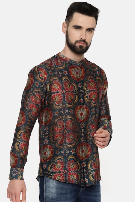 Mayank Modi - Men_Green Linen Bemberg Geometric Print Shirt _Online_at_Aza_Fashions