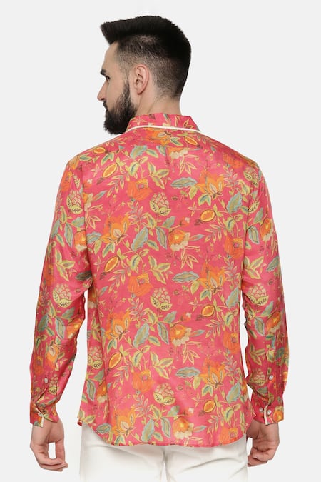 Shop Mayank Modi - Men Pink Fine Muslin Floral Print Shirt at Aza Fashions Shop_Mayank Modi - Men_Pink Fine Muslin Floral Print Shirt _at_Aza_Fashions