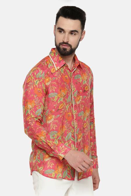 Mayank Modi - Men Pink Fine Muslin Floral Print Shirt Online at Aza Fashions Mayank Modi - Men_Pink Fine Muslin Floral Print Shirt _Online_at_Aza_Fashions