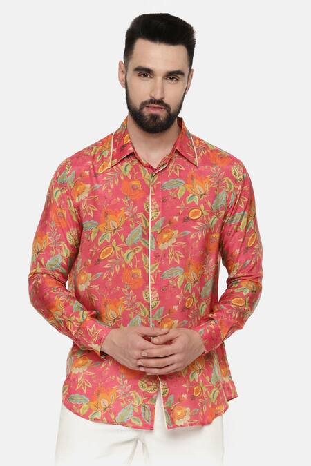 Shop Mayank Modi - Men Pink Fine Muslin Floral Print Shirt Online at Aza Fashions Shop_Mayank Modi - Men_Pink Fine Muslin Floral Print Shirt _Online_at_Aza_Fashions