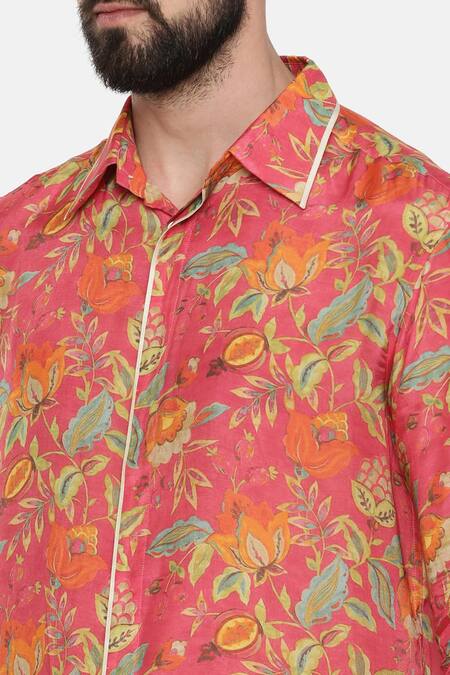 Mayank Modi - Men Pink Fine Muslin Floral Print Shirt at Aza Fashions Mayank Modi - Men_Pink Fine Muslin Floral Print Shirt _at_Aza_Fashions