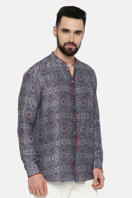 Mayank Modi - Men_Blue Linen Bemberg Floral Print Shirt _Online_at_Aza_Fashions