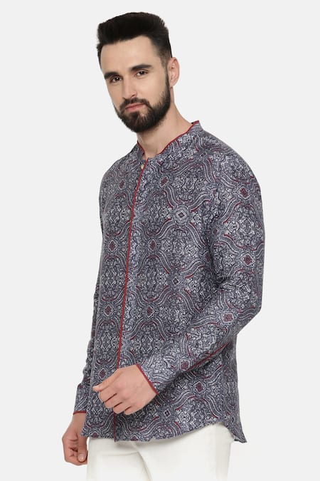 Buy_Mayank Modi - Men_Blue Linen Bemberg Floral Print Shirt _Online_at_Aza_Fashions
