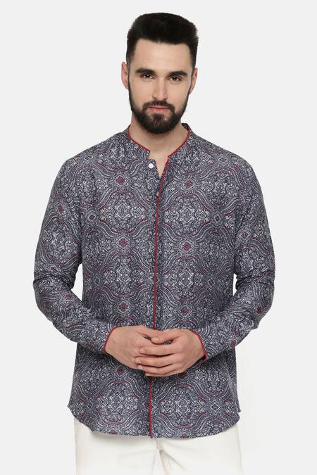 Shop_Mayank Modi - Men_Blue Linen Bemberg Floral Print Shirt _Online_at_Aza_Fashions