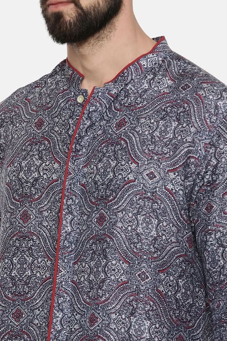 Mayank Modi - Men_Blue Linen Bemberg Floral Print Shirt _at_Aza_Fashions