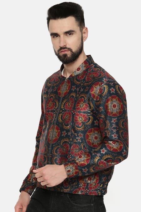Buy_Mayank Modi - Men_Green Linen Printed Floral Bomber Jacket _Online_at_Aza_Fashions