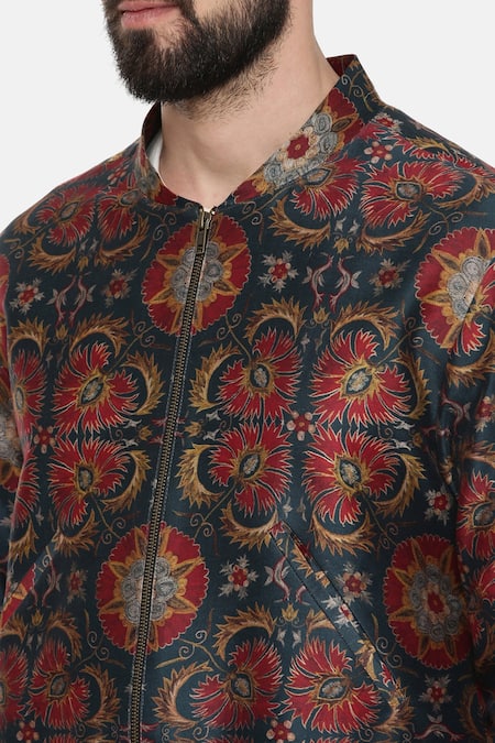 Mayank Modi - Men_Green Linen Printed Floral Bomber Jacket _at_Aza_Fashions
