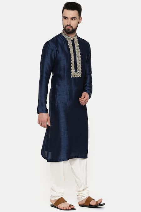 Mayank Modi - Men_Blue Silk, Cotton Slub Floral Embroidered Kurta _Online_at_Aza_Fashions
