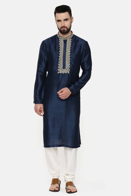 Buy_Mayank Modi - Men_Blue Silk, Cotton Slub Floral Embroidered Kurta _Online_at_Aza_Fashions