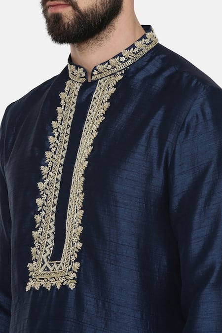 Shop_Mayank Modi - Men_Blue Silk, Cotton Slub Floral Embroidered Kurta _Online_at_Aza_Fashions