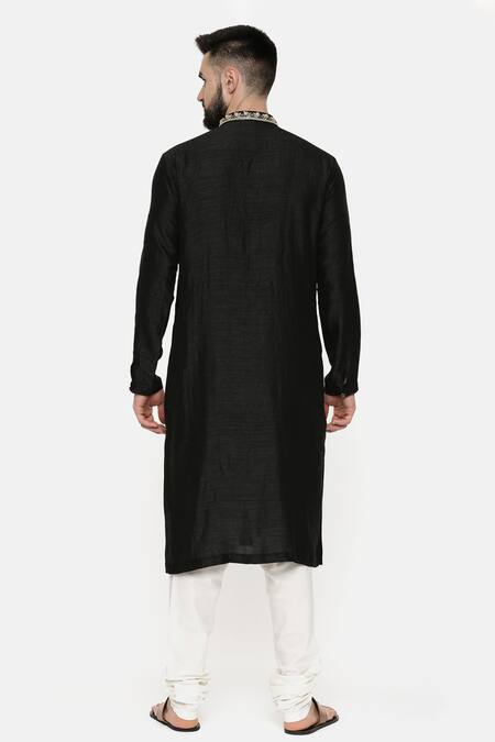Shop_Mayank Modi - Men_Black Silk Embroidery Floral Kurta _at_Aza_Fashions