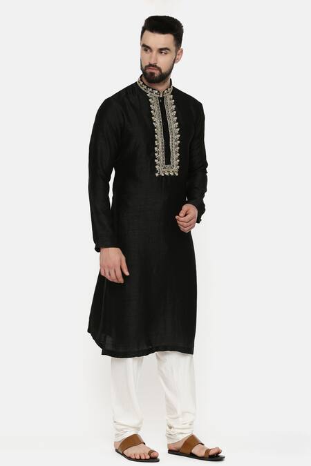 Mayank Modi - Men_Black Silk Embroidery Floral Kurta _Online_at_Aza_Fashions