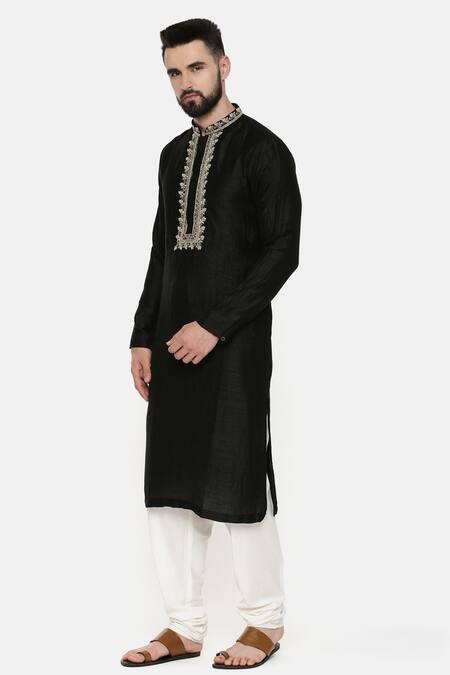 Buy_Mayank Modi - Men_Black Silk Embroidery Floral Kurta _Online_at_Aza_Fashions
