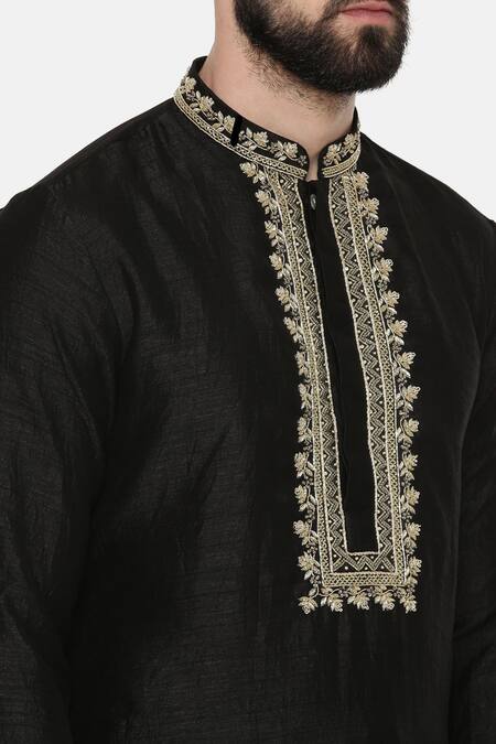 Shop_Mayank Modi - Men_Black Silk Embroidery Floral Kurta _Online_at_Aza_Fashions