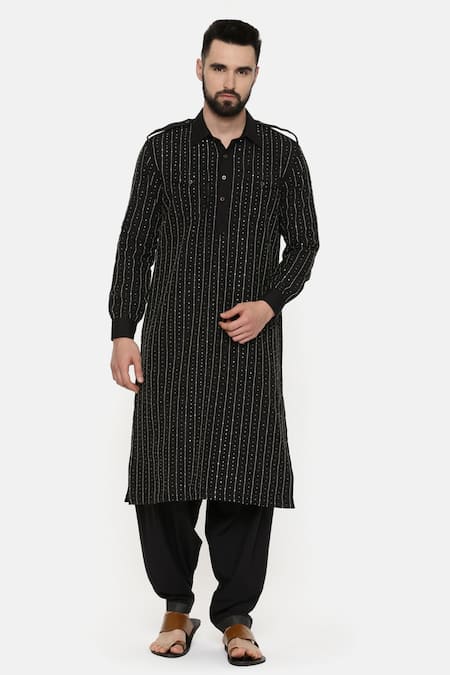 Mayank Modi - Men Black Silk Embroidery Sequin Pathani Kurta