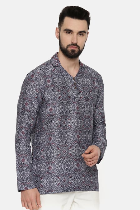 Mayank Modi - Men_Blue Linen Geometric Print Short Kurta For Kids_Online_at_Aza_Fashions