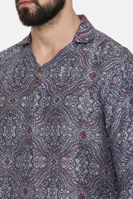 Mayank Modi - Men_Blue Linen Geometric Print Short Kurta For Kids_at_Aza_Fashions