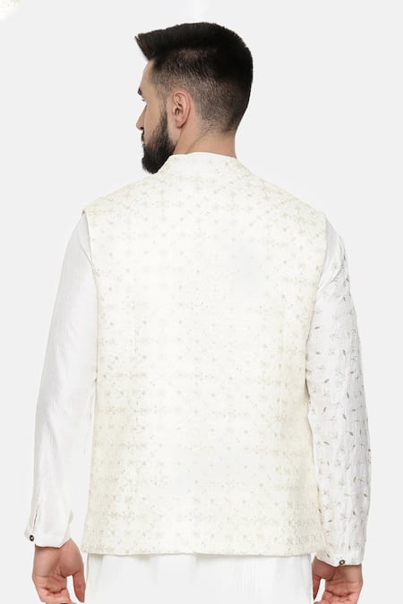 Mayank Modi - Men Ivory Floral Sequin Embroidered Bundi For Kids