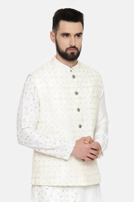Mayank Modi - Men_Ivory Silk, Chanderi Embroidery Floral Sequin Bundi For Kids_Online_at_Aza_Fashions