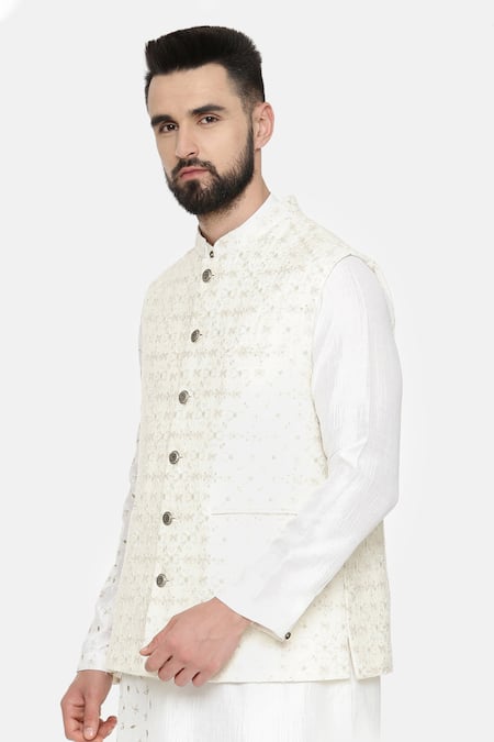 Buy_Mayank Modi - Men_Ivory Silk, Chanderi Embroidery Floral Sequin Bundi For Kids_Online_at_Aza_Fashions