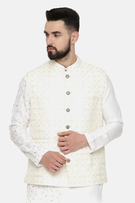Shop_Mayank Modi - Men_Ivory Silk, Chanderi Embroidery Floral Sequin Bundi For Kids_Online_at_Aza_Fashions