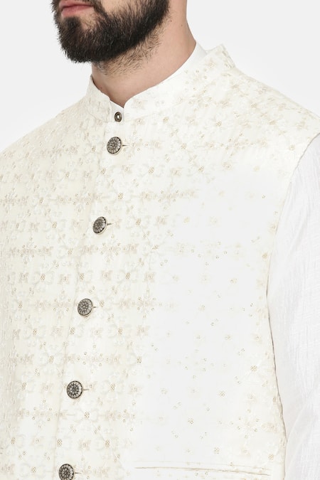 Mayank Modi - Men_Ivory Silk, Chanderi Embroidery Floral Sequin Bundi For Kids_at_Aza_Fashions
