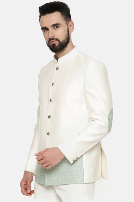 Buy_Mayank Modi - Men_Ivory Silk, Cotton Floral Colorblock Embroidered Bandhgala _Online_at_Aza_Fashions