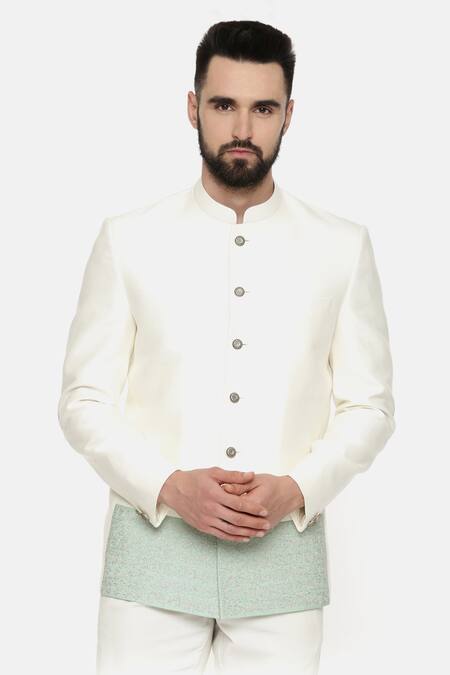 Shop_Mayank Modi - Men_Ivory Silk, Cotton Floral Colorblock Embroidered Bandhgala _Online_at_Aza_Fashions