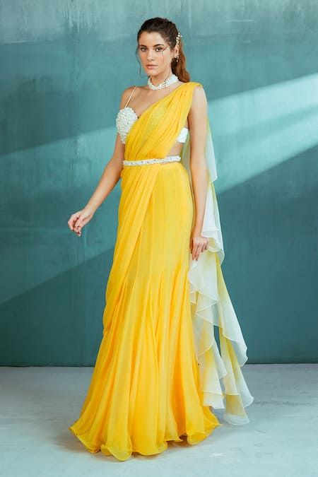 Buy Mandira Wirk - Indian Yellow Chiffon Pearls Sweetheart Neck Pre-draped Ruffle Saree With Bustier Online at Aza Fashions Buy_Mandira Wirk - Indian_Yellow Chiffon Pearls Sweetheart Neck Pre-draped Ruffle Saree With Bustier _Online_at_Aza_Fashions