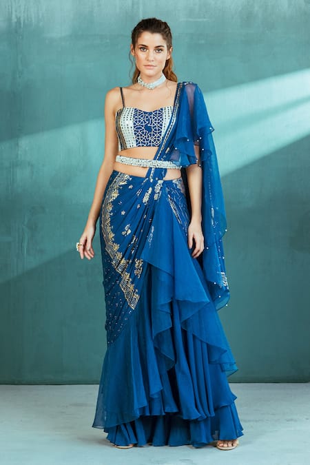 Mandira Wirk Foil Print Pre-Draped Saree With Bustier 