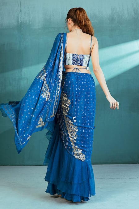 Mandira Wirk - Indian Blue Organza, Chiffon Gota Work, Floral Foil Print Pre-draped Saree With Bustier Online at Aza Fashions Mandira Wirk - Indian_Blue Organza, Chiffon Gota Work, Floral Foil Print Pre-draped Saree With Bustier _Online_at_Aza_Fashions