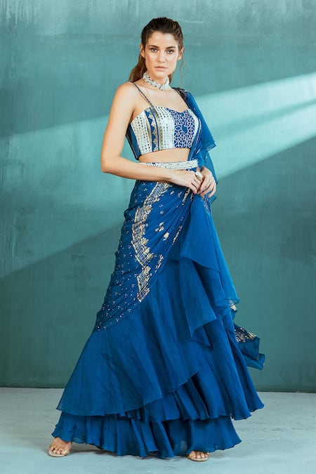 Buy Mandira Wirk - Indian Blue Organza, Chiffon Gota Work, Floral Foil Print Pre-draped Saree With Bustier Online at Aza Fashions Buy_Mandira Wirk - Indian_Blue Organza, Chiffon Gota Work, Floral Foil Print Pre-draped Saree With Bustier _Online_at_Aza_Fashions