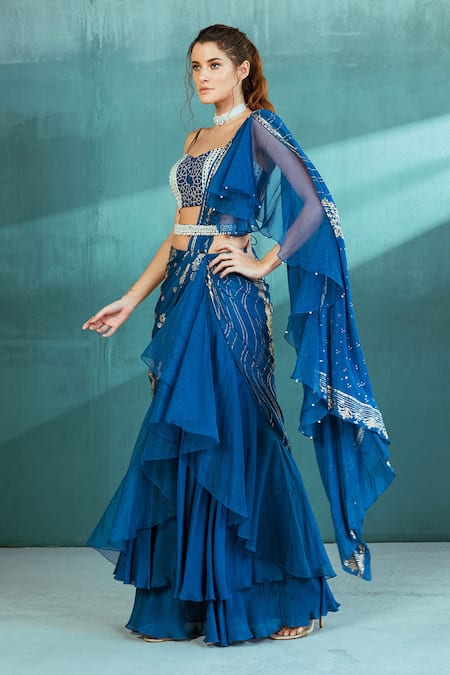 Shop Mandira Wirk - Indian Blue Organza, Chiffon Gota Work, Floral Foil Print Pre-draped Saree With Bustier Online at Aza Fashions Shop_Mandira Wirk - Indian_Blue Organza, Chiffon Gota Work, Floral Foil Print Pre-draped Saree With Bustier _Online_at_Aza_Fashions