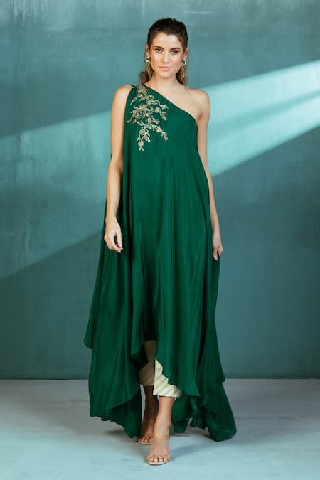 Shop_Mandira Wirk - Indian_Emerald Green Kaftancrepe Pant Lurex Floral One Shoulder Kaftan And Set _Online_at_Aza_Fashions