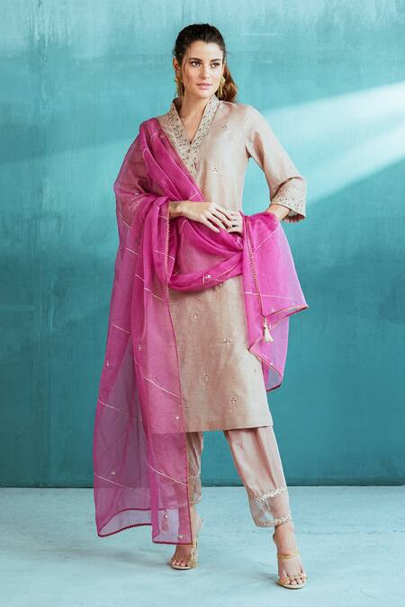 Shop Mandira Wirk - Indian Brown Organza, Crepe, Tissue Chanderi Floral Dori Motifs V Embroidered Kurta Set Online at Aza Fashions Shop_Mandira Wirk - Indian_Brown Organza, Crepe, Tissue Chanderi Floral Dori Motifs V Embroidered Kurta Set _Online_at_Aza_Fashions