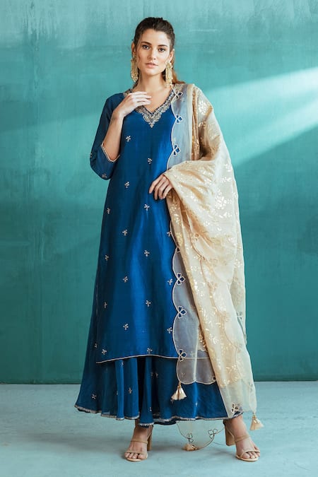 Shop_Mandira Wirk - Indian_Blue Organza, , Light Floral V Neck Kurta And Sharara Set _Online_at_Aza_Fashions