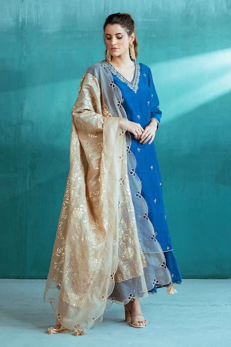 Mandira Wirk - Indian_Blue Organza, , Light Floral V Neck Kurta And Sharara Set _at_Aza_Fashions