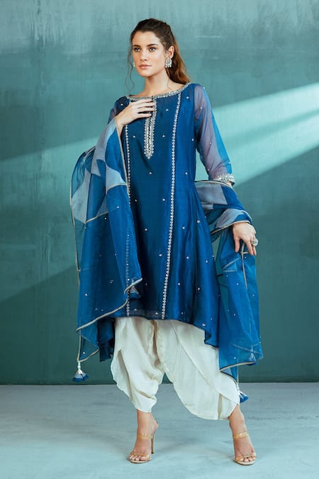 Mandira Wirk - Indian Blue Organza, Chanderi, Crepe Pearl And Pathra Asymmetric Kurta And Dhoti Set 