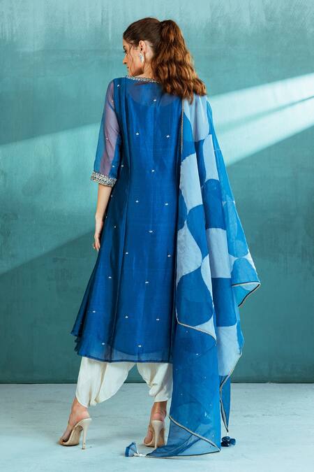 Shop Mandira Wirk - Indian Blue Organza, Chanderi, Crepe Pearl And Pathra Asymmetric Kurta And Dhoti Set at Aza Fashions Shop_Mandira Wirk - Indian_Blue Organza, Chanderi, Crepe Pearl And Pathra Asymmetric Kurta And Dhoti Set_at_Aza_Fashions