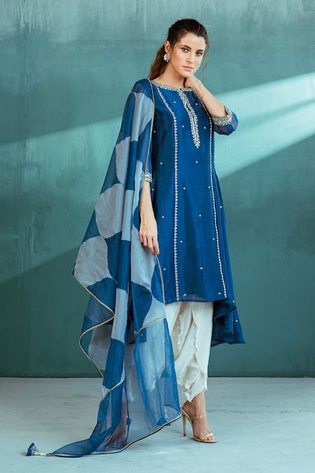 Mandira Wirk - Indian Blue Organza, Chanderi, Crepe Pearl And Pathra Asymmetric Kurta And Dhoti Set Online at Aza Fashions Mandira Wirk - Indian_Blue Organza, Chanderi, Crepe Pearl And Pathra Asymmetric Kurta And Dhoti Set_Online_at_Aza_Fashions