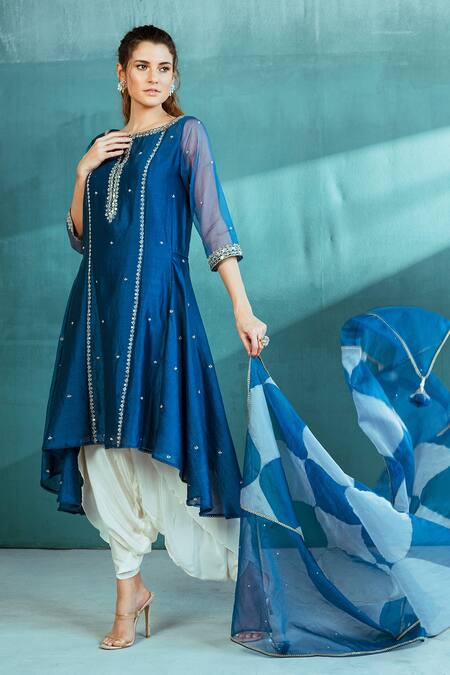 Buy Mandira Wirk - Indian Blue Organza, Chanderi, Crepe Pearl And Pathra Asymmetric Kurta And Dhoti Set Online at Aza Fashions Buy_Mandira Wirk - Indian_Blue Organza, Chanderi, Crepe Pearl And Pathra Asymmetric Kurta And Dhoti Set_Online_at_Aza_Fashions