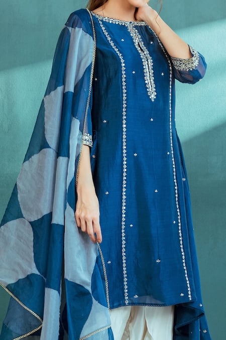 Shop Mandira Wirk - Indian Blue Organza, Chanderi, Crepe Pearl And Pathra Asymmetric Kurta And Dhoti Set Online at Aza Fashions Shop_Mandira Wirk - Indian_Blue Organza, Chanderi, Crepe Pearl And Pathra Asymmetric Kurta And Dhoti Set_Online_at_Aza_Fashions