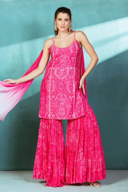 MANDIRA WIRK - Indian Chanderi Printed Kurta Sharara Set 